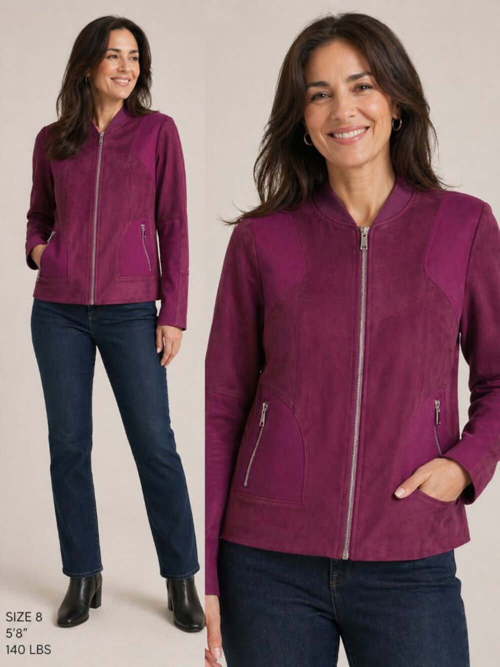 Chico’s Faux Suede Plum Zip Jacket Size 1 (M/8) Moto Style Pockets